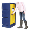 storage cabinet in blue and yellow with person opening it in pink and blue clothing on white background