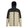 Two-tone black and beige puffer jacket on a white background