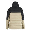 Two-tone black and beige puffer jacket on a white background
