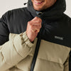 Person wearing a black and beige puffer jacket with Regatta logo.