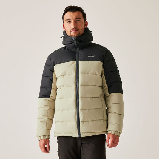 Man wearing a two-tone puffer jacket with black and beige colors on a plain background