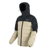 Two-tone black and beige puffer jacket on a white background