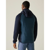A man viewed from the back wearing a hooded jacket with a dark navy body and sleeves, plus a quilted teal-blue padded back panel, against a plain light beige studio background.