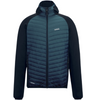 A men's hooded jacket featuring a dark teal and navy quilted puffer body with solid black sleeves and collar, shown on a plain white background.