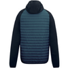Back view of a hooded jacket with a dark teal quilted body and solid black sleeves, hood, and shoulder panels, shown on a plain white background.