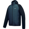 A men's hooded jacket featuring a dark teal and navy quilted puffer body with solid black sleeves and collar, shown on a plain white background.