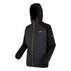 Black hooded jacket with yellow zipper on a white background