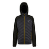 Black and gray insulated jacket with yellow zipper on a white background
