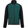 A men's zip-up jacket with a dark teal green quilted body and black sleeves, collar, and shoulder panels, shown against a plain white background.