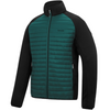 A men's technical jacket with a dark teal green quilted front panel and black sleeves, collar, and side panels, featuring a full-length front zipper and a zippered chest pocket.