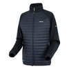 Black quilted jacket with brand logos on a white background