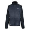 Black puffer jacket with a brand logo on a white background