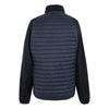 Back view of a dark blue puffer jacket on a white background