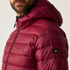 Maroon puffer jacket with brand logo on a light gray background