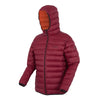 Red puffer jacket with orange hood on a white background