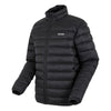 Black puffer jacket with a brand logo on a white background