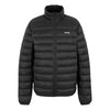 Black puffer jacket with a brand logo on a white background