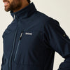 Navy blue jacket with a brand logo on a beige background