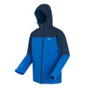 Blue and navy jacket with a hood on a white background