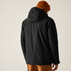 Person wearing a black jacket and brown beanie from behind on a plain background