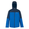Blue and navy raincoat with a brand logo on a white background