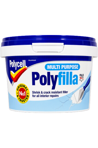 pollyfilla tub on white background with blue lid