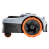 Robotic lawn mower with orange wheels on a white background