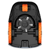 Back view of a robotic lawn mower with orange and black design on a white background