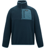 A dark teal fleece pullover jacket with a light teal chest pocket and zipper, featuring a small black brand label on the pocket.