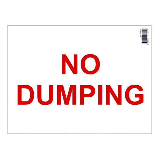 Red 'NO DUMPING' sign on a white background