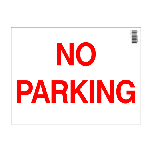 No Parking sign with red text on a white background