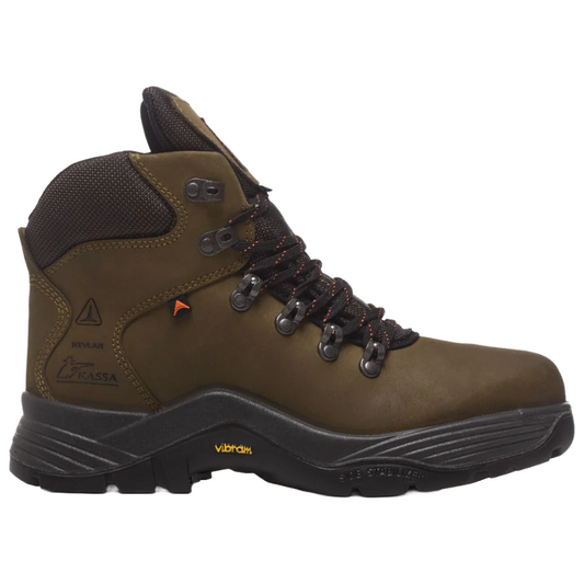 Brown hiking boot with black sole on a white background