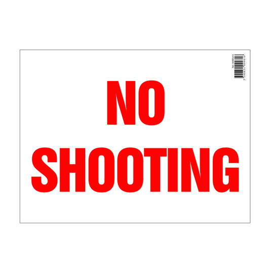 Red 'NO SHOOTING' text on a white background with a barcode.