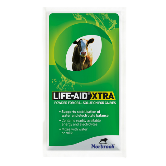 Life-Aid Xtra powder packaging for calves with a cow image on a green background