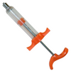 A clear plastic syringe-style applicator with bright orange plastic accents and a silver metal plunger, shown on a plain white background.