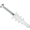 A silver metal wall screw with a white plastic wall anchor sleeve, shown diagonally on a plain white background.