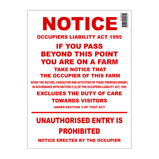 Notice sign about Occupiers Liability Act 1995 on a white background