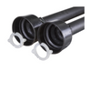 Two black plastic pipes with white O-rings on a white background