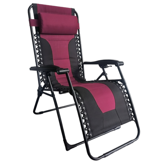 Maroon and black zero-gravity chair on a white background