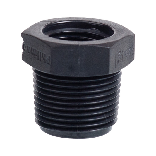 Black threaded metal fitting on a white background