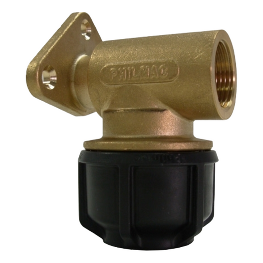 Brass and black plumbing valve with 'Philmac' branding on a white background