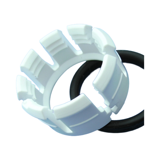 White plastic component with a black rubber ring on a white background