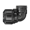 Black plastic pipe fitting on a white background