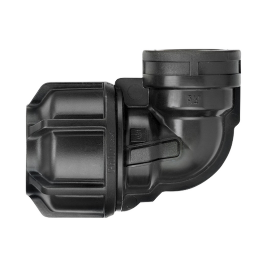 Black plastic pipe fitting on a white background