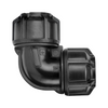 Black plastic pipe fitting on a white background