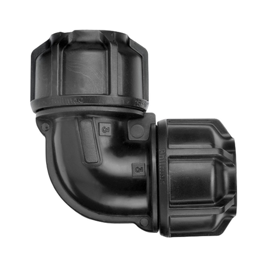 Black plastic pipe fitting on a white background