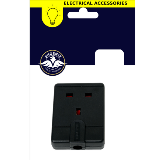 A black UK three-pin electrical plug adapter in its original retail packaging, featuring a dark blue and yellow Phoenix brand header card.