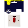 A single white electrical switch plate with a red toggle switch labeled OFF and ON, shown below its retail header card. The header card has a yellow and dark blue Phoenix Electrical Accessories design.