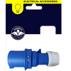 A blue electrical outlet or connector with a white plastic end cap, shown below its retail hanging card. The card has a yellow header reading 'ELECTRICAL ACCESSORIES' and a circular Phoenix Quality Hardware logo.