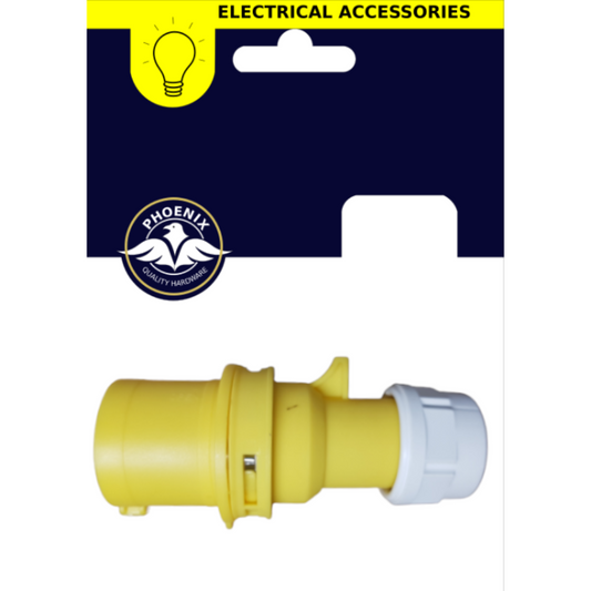 Yellow electrical accessory plug with a white connector end, shown below its retail card packaging featuring a Phoenix logo and 'ELECTRICAL ACCESSORIES' header.